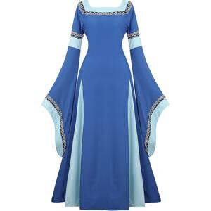 Medieval Renaissance-style long gown with trumpet sleeves | 2XL Blue Costume